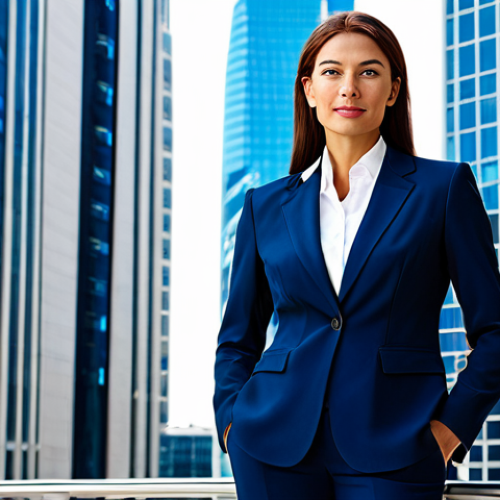 ** A professional businesswoman in a modest business suit, standing confidently in front of a modern skyscraper. The scene is bright and sunny. Fully clothed, appropriate attire, safe for work, perfect anatomy, natural proportions, professional photography, high quality, family-friendly.
**