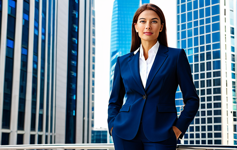 ** A professional businesswoman in a modest business suit, standing confidently in front of a modern skyscraper. The scene is bright and sunny. Fully clothed, appropriate attire, safe for work, perfect anatomy, natural proportions, professional photography, high quality, family-friendly.
**